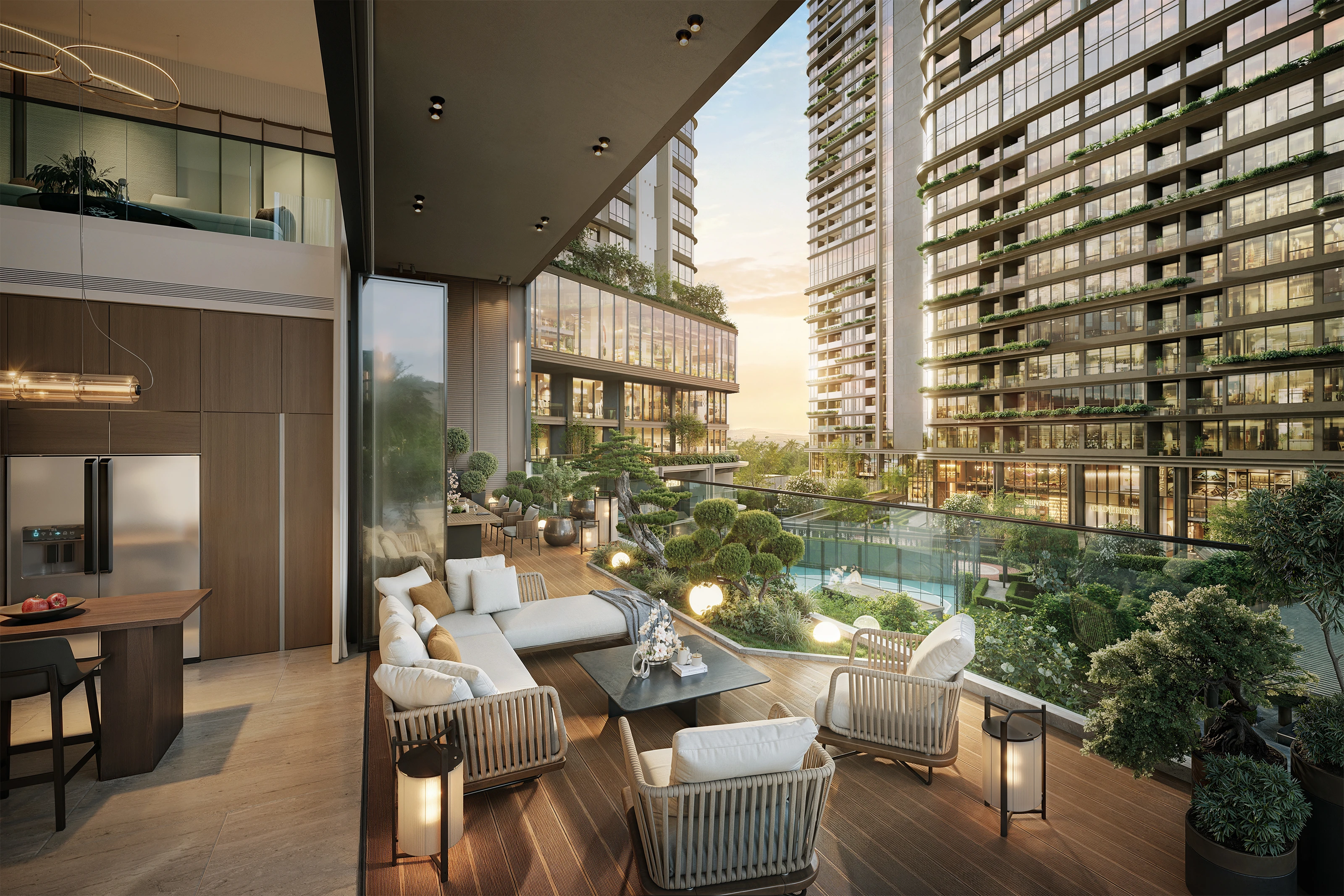 The Townhouse — living room facing the tower façade at golden hour